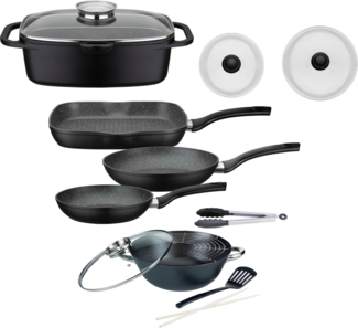 GSW Topf-Set Gourmet, Aluminiumguss (Set, 8-tlg, 3-tlg. Pfannen-Set, 2 Glasdeckel, 1 Bräter, 1 Wok, 1 Küchenzange), Induktion