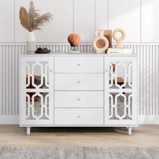 Flieks Sideboard (1 St), Kommode Wohnzimmer mit 2 Spiegeltür und 4 Schubladen Schrank Anrichte