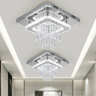 oyajia Deckenleuchte 24W Luxus Kristall LED Deckenlampe, Moderne Edelstahl Kronleuchter, 24W, Kaltweiß, 30x30x12cm, LED Kristall Deckenlampe Pendelleuchte für Wohnzimmer Flur