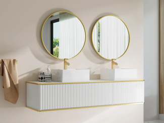 Vente-unique - Waschbeckenunterschrank hängend - 2 Schubladen - Streifenoptik - Goldfarbene Umrandung - Weiß - 150 cm - KELIZA