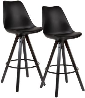 2er Set Barhocker Schwarz Kunstleder / Massivholz | Design Barstuhl Skandinavisch 2 Stück mit schwarzen Beinen | Tresenhocker mit Lehne Sitzhöhe 77 cm