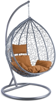 Luxus Hängesessel Miami XXL Polyrattan Korb hellgrau Gestell silber Kissen braun