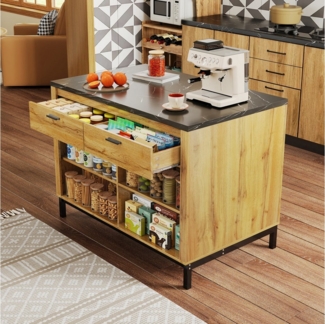 Flieks Kücheninsel mit 2 Schubladen und 4 offenen Fächern im Landhausstil, (Eichenholzmaserung, schwarzer Marmor-Arbeitsplatte), Küchenschrank Küchenbuffet Holzschrank, Metallgestell, 120×75×90cm