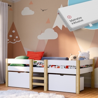 Bellabino 'Aspy' Halbhochbett 90x200 cm mit Matratze, weiß, Kinderbett mit 2 Schubladen, Rausfallschutz und Lattenrost