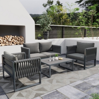 MODFU Gartenlounge-Set Gartenmöbel Set Seil Rope Lounge Balkonset Sitzgruppe, (1 Couchtisch, 2 Sessel, 1 2-Sitzer), für 4 Personen mit Kissen und Eisenrahmen