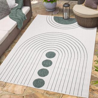 carpet city In- & Outdoor-Teppich Grün, Creme - Wendeteppich - 160x230 cm - Kreis-Muster - Wetterbeständig für Balkon, Terrasse - Teppiche Modern Indoor Wohnzimmer, Küche