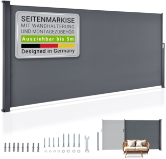 Juskys Seitenmarkise Dubai 500 x 160 cm ausziehbar blickdicht, Sichtschutz für Balkon & Terrasse, Seitenrollo Wandhalterung – anthrazit