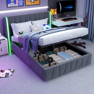 LVHOM Boxbett 160x200cm, LED-Leuchten in 16 Farben, Seitlicher USB-Ladeanschluss, Hydraulisch Stauraumbett mit Bettkasten, Polsterbett Doppelbett, Samtstoff
