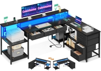 LuxusKollektion Eckschreibtisch Gaming Tisch 7 Schubladen RGB LED Eckschreibtisch Stauraum L-Form 2, 179,5×133,6 cm