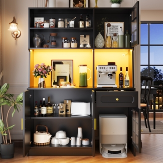 OKWISH Hochschrank Küchenbuffet,Kommode,Sideboard (mit LED-Beleuchtung & Glastüren, Stauraum für Staubsaugerroboter, 1-St, 130x45x180 cm)