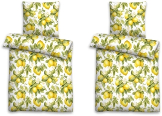 Biberna Bettwäsche ZITRO, Weiß, Gelb, Grün, Zitronenmotiv, Baumwolle, 2 teilig, mit Reißverschluss, 135 x 200 cm