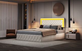 FUROKOY Polsterbett Hydraulisches Doppelbett Stauraumbett Verstellbare Kopfteilhöhe, (Set), mit Lattenrost, Samt, 160x200cm,Beige