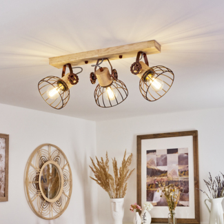 hofstein Deckenleuchte »Cotes« Deckenlampe, Holz/Metall, Natur/Rostfarbene Schirme, ohne Leuchtmittel, Holzbalken, Textilkabel u. verstellbaren Strahlern, E27, Gitter-Optik