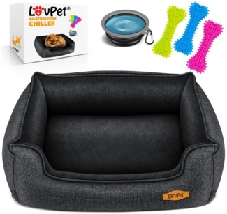 LovPet® Hundebett Hundekissen Hundekorb Chiller, Inkl. Napf + 3X Kauknochen, Hundesofa Kissen für Kleine, Mittelgroße & Große Hunde, Bezug abnehmbar und waschbar Anthrazit, L (90 x 75 x 25 cm)