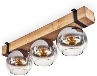 hofstein Deckenleuchte Deckenlampe aus Metall/Holz/Glas in Schwarz/Natur/Chromfarben/Klar, ohne Leuchtmittel, Holzbalken 60cm u. Glaskugeln Ø15cm, 3x E27, ohne Leuchtmittel