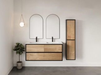 Vente-unique - Badhochschrank - Holzfarben hell & Schwarz - 140 cm - LANNICK
