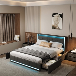 Gdood Polsterbett Stauraumbett Doppelbett LED (1-tlg, 4 Schubladen, USB + Type-C), Mit LED-Beleuchtung, Ladeanschluss, Leinen, 140x200 cm