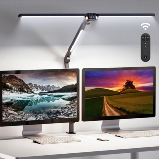 Jibenhome LED Schreibtischlampe Doppelkopf Schreibtischlampe, Dimmbar, Augenschutz Monitor Bürolampe, Extra groß Klemmbar Tageslichtlampe, 1500LM, 4 Farbmodi, 5 Helligkeit