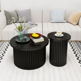 HAUSS SPOLE Couchtisch Rund 2er-Set Wohnzimmertisch holz,Beistelltisch mit Stauraum,schwarz (Runder Beistelltisch im 2er-Set – Naturholzoptik mit Wellenstruktur, Klappdeckel & Stauraum, 2-St, Kratzfest & Stabil)
