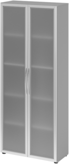 bümö Mehrzweckschrank 80cm breit, Aktenschrank o. Schuhschrank hoch, Milchglastüren Schrank, Küchenschrank in Grau/Silber aus Holz, Vorratsschrank & Haushaltsschrank mit Metallgriffen, 4200-5-S