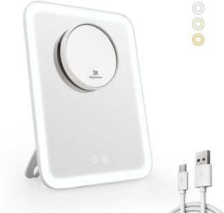 EMKE Kosmetikspiegel mit Beleuchtung, 3 Lichtfarben und 3X Fach Vergrößerungsspiegel Schminkspiegel mit licht-180° Drehbar USB Wiederaufladbar, Makeup Spiegel mit Vergrößerung