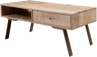 Couchtisch SIKAR 95 x 42 x 50 cm Mango Massivholz / Metall Sofatisch, Design Wohnzimmertisch mit Schublade, Stubentisch Landhaus Braun, Designer Holztisch Kaffeetisch Massiv, Tisch Wohnzimmer