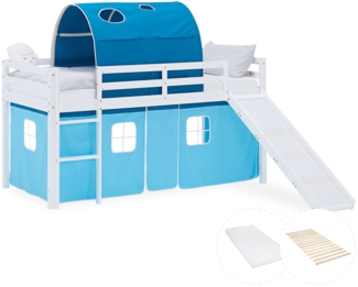 Hochbett Kinder 90x200 cm mit Matratze Rutsche Lattenrost Kinderbett Vorhang Tunnel Blau Holz Massiv