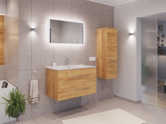 Badmöbel Set Firenze 90 3tlg. LED Spiegel und Seitenschrank eiche gold : Eiche Gold