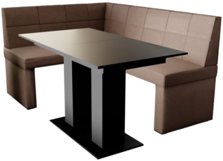 Eckbankgruppe 168x128 cm BLAKE R Stoff Soro Braun / Esstisch DANTE Schwarz