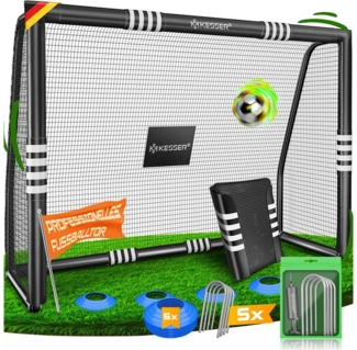 KESSER® Fußballtor mit Polsterung, Erdhaken, Luftpumpe & Hüttchen, Stahlrahmen schwarz, 180x120 cm