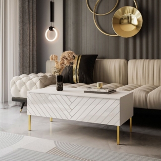 ALLHOUSE24 Couchtisch ELISE 120 Sofatisch Fischgrätenfront Hochglanz gold Beine BERLIN