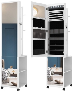 HZUANERI Schmuckschrank Spiegelschrank, stehender Schmuck-Organizer mit 1 Kleiderständer 3-stufige Ablageflächen mit 4 Kleiderhaken, weiß und Schwarz