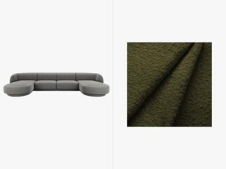 Micadoni Panorama-Sofa Miley 5-Sitzer Boucle Dunkel-Olivgrün Kunststoff schwarz