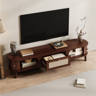 STILVORA Lowboard mit Rattan-Schubladen,TV-Schrank Fernsehschrank mit Holzschiebetür (Fernsehtisch,TV-Board,TV-Ständer, Wohnzimmermöbel, Fernsehschrank, 1 St, 2 Schubladen, 1 Tür), mit Türen aus Naturholz und Schubladen aus Rattan