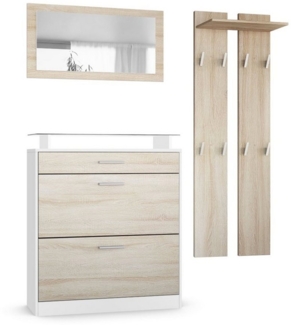 Vladon Garderobe Loret mini, Garderobenset bestehend aus 1 Schuhschrank, 1 Wandspiegel und 2 Garderobenpaneele, Weiß matt/Eiche Sägegrau