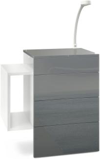 Vladon Nachttisch Queens, Nachttischschrank mit 2 Schubladen und 1 seitlichem Fach zur Wandmontage, Weiß matt/Grau Hochglanz, inkl. LED Flexi Lampe weiß (60 x 63 x 36 cm)