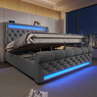 BlingBin Polsterbett Stauraumbett (1-tlg, Funktionsbett mit Lade- und Lichtfunktion für gemütliche Schlafzimmer), mit LED-Beleuchtung, USB- & Type-C-Ladestation und stilvollem Samt