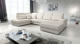 Wohnlandschaft Sofa U-Form NEVIO Stoff Scala Hellbeige Ottomane Rechts