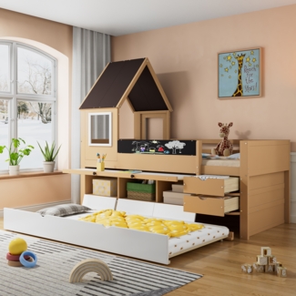 Merax Etagenbett 90x200&90*190cm, Baumhausbett mit Schubladen und Ausziehbett, Mit Ausziehtisch, Reichlich Stauraum, Holzbett mit Fenster, Rahmen aus Kiefer, Graffiti-Tafel, Kiefer+MDF, weiß+Natur