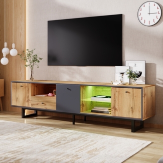 TV-Schrank Holz Grau Anthrazit 190x40x50 cm, LED-Beleuchtung & Glasböden,mit 3 Türen, 3 offenen Fächern