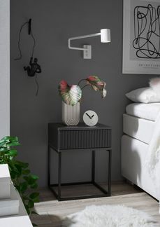 Stella Trading Marle Nachttisch in Graphit - Moderner Nachtschrank mit Schublade und schwarzem Metallgestell - 40 x 52 x 38,5 cm (B/H/T)