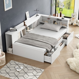 Ulife Kinderbett Jugendbett, Einzelbett mit Schubladen,Bücherregal und Stauschrank (Ohne Matratze), 90x200 cm