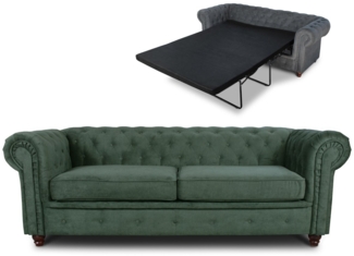 Schlafsofa Chesterfield Asti Bis 3-Sitzer, Sofa mit Schlaffunktion, Couch 3-er, Couchgarnitur, Sofagarnitur, Holzfüße - Glamour Design (Grün (Capri 74))