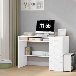 Schreibtisch, Computertisch mit 5 Schubladen, Bürotisch mit Minimalistischem Design, moderner PC Tisch, 108 x 50 cm, geeignet für Arbeitszimmer, Büro, Schlafzimmer, Weiß