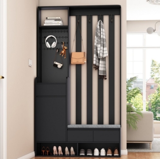 Celya Garderoben-Set Flurgarderobe mit gepolsterter Aufbewahrungsbank, (Waschküche, Schwarz,H180/B100/T35 cm, moderne Garderobe mit 4 Haken für Eingangsbereich), multifunktionaler Flur-Schuhschrank mit Stecktafel