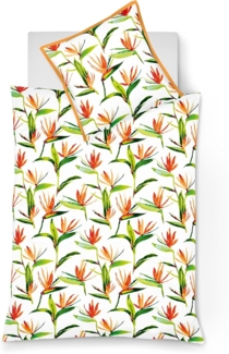Fleuresse Mako-Satin Bettwäsche 155x220 Blumen Strelizie weiß grün orange 113694-09