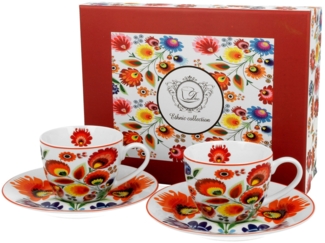 DUO ETNO 2er-Set Espressotassen 90 ml ŁOWICZ mit Untertassen, New Bone China Porzellan
