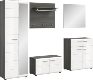 INOSIGN Garderoben-Set Rumba, 5-teilig, Breite 250 cm, Hochglanz Front, bestehend aus:, (5-St), Garderobenschrank, Sitzbank, Garderobenpaneel, Schuhschrank, Spiegel