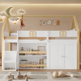 Hochbett mit Aufbewahrung (90x200 cm, Treppe beidseitig montierbar) Kinderbett mit Rausfallschutz, Hausbett