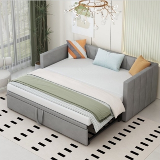 HAUSS SPOLE Schlafsofa 90/180x200 cm Ausziehbares Polsterbett mit Lattenrosten, Samt Hellgrau